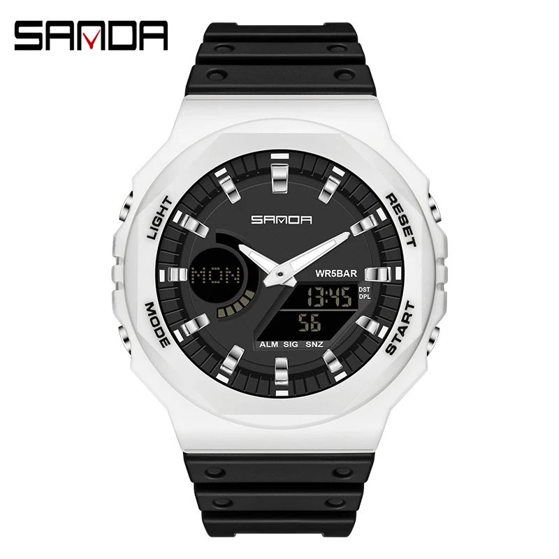 SANDA Watches Analog-Digital Sports Watch — 6016 Black and white