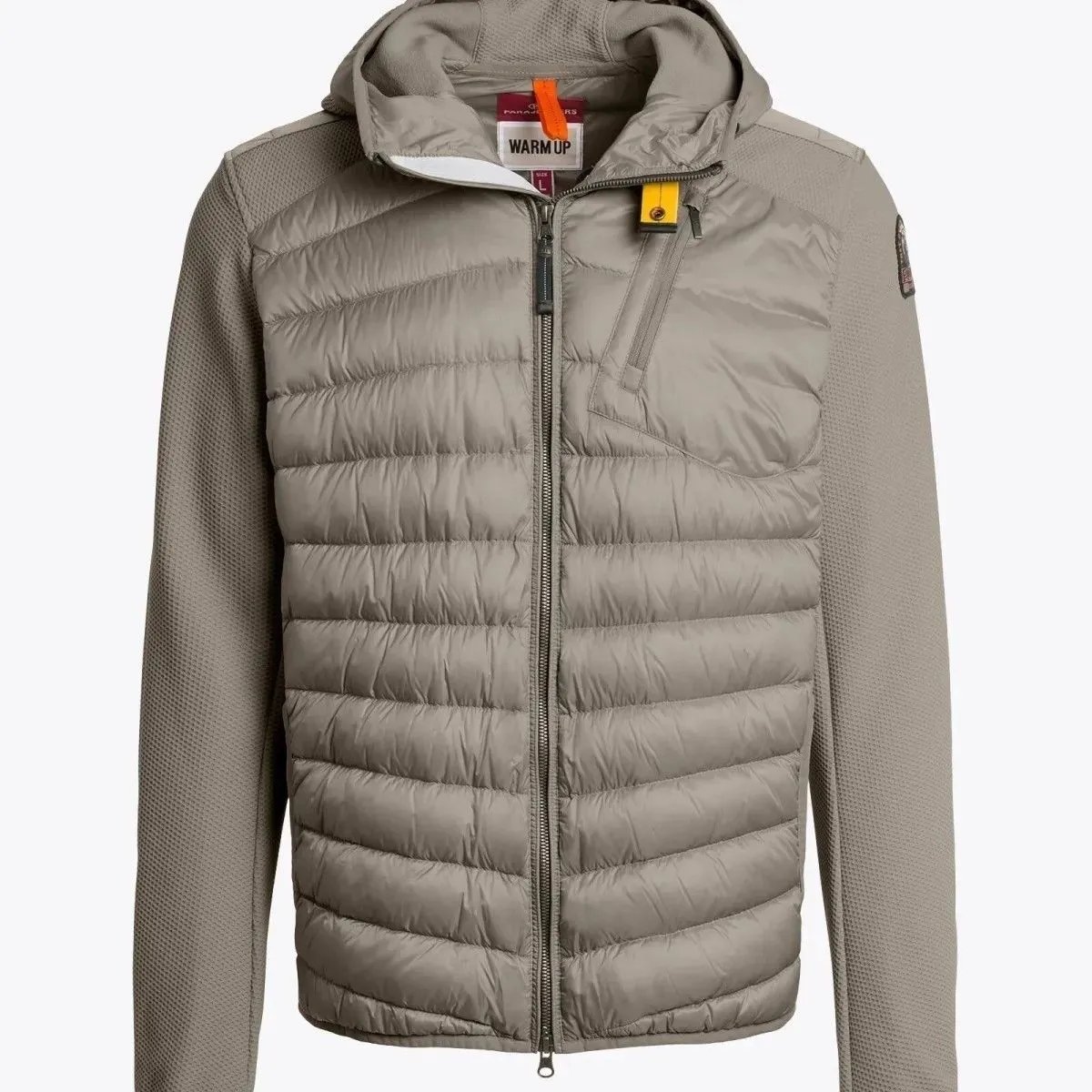 Parajumpers Down Jackets Hooded quilted puffer jacket with yellow neck strap — 2 Khaki patchwork down jacket