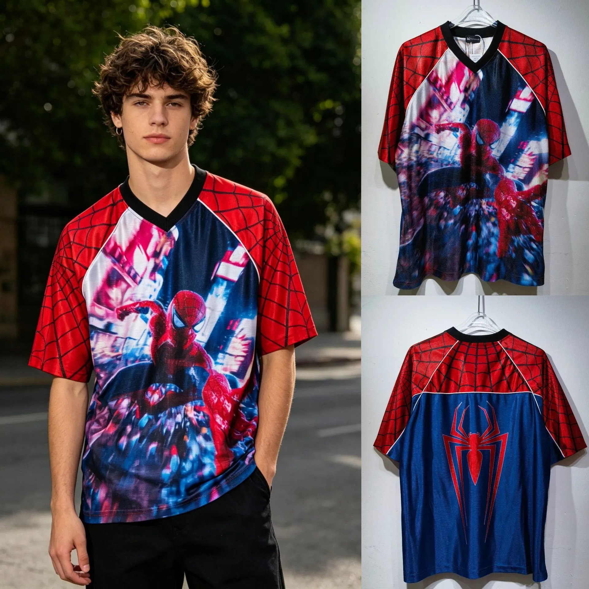 Palace Football Jerseys V-neck mesh jersey with graphic prints and number appliqués — CT 032 Red and blue