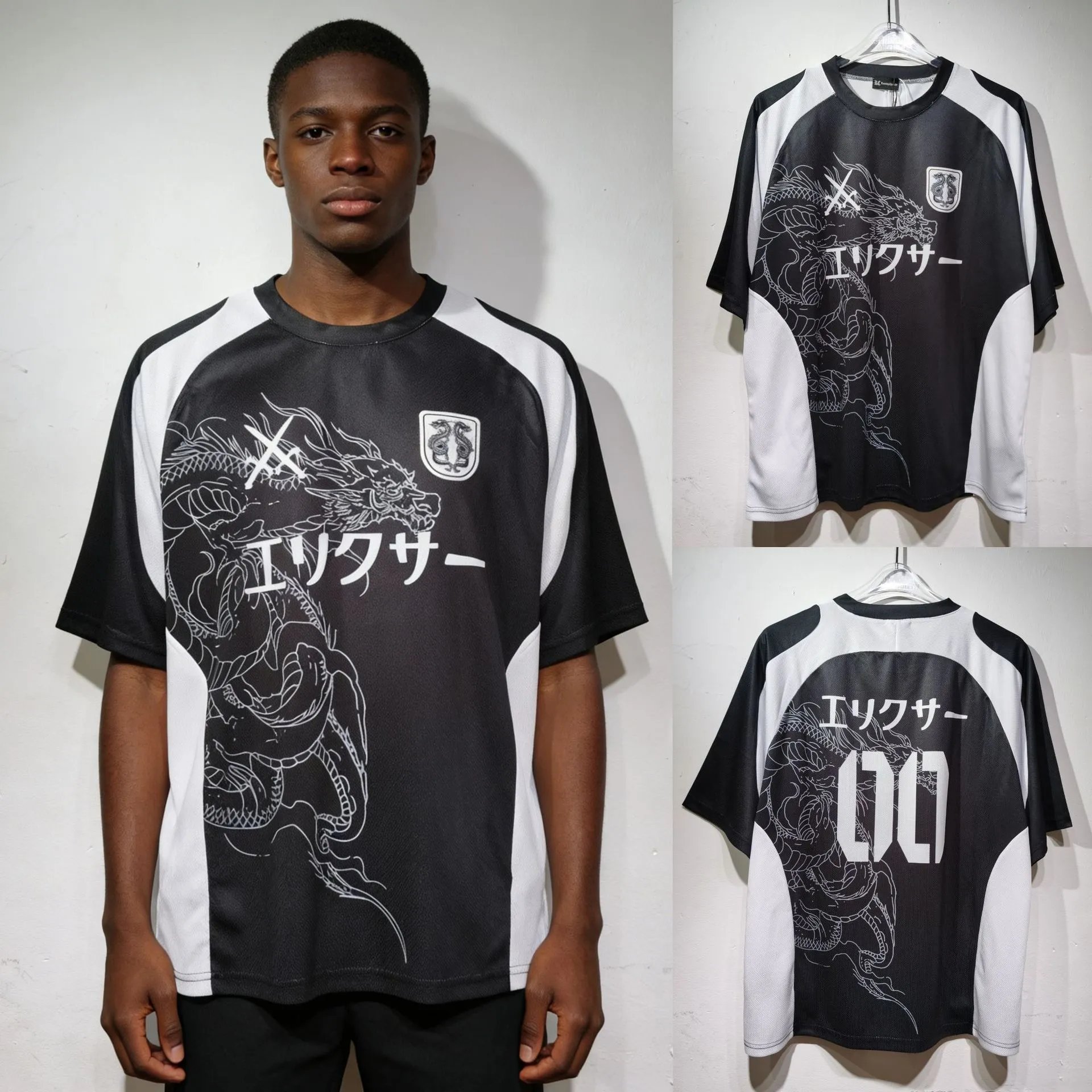 Palace Football Jerseys V-neck mesh jersey with graphic prints and number appliqués — CT 028 Black