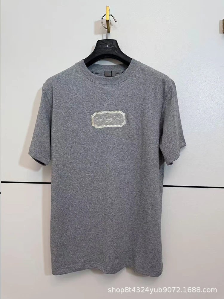 Dior T-Shirts Crew-Neck T-Shirt with Christian Couture Chest Patch — Light gray