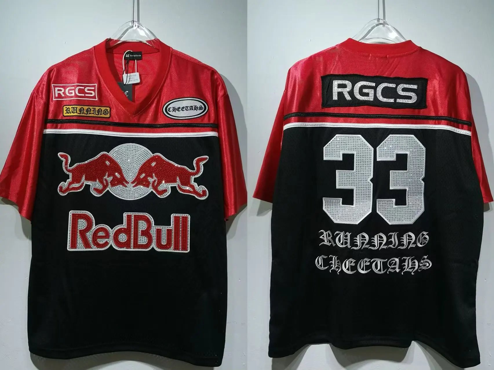 Palace Football Jerseys V-neck mesh jersey with graphic prints and number appliqués — CT 023 Red and black