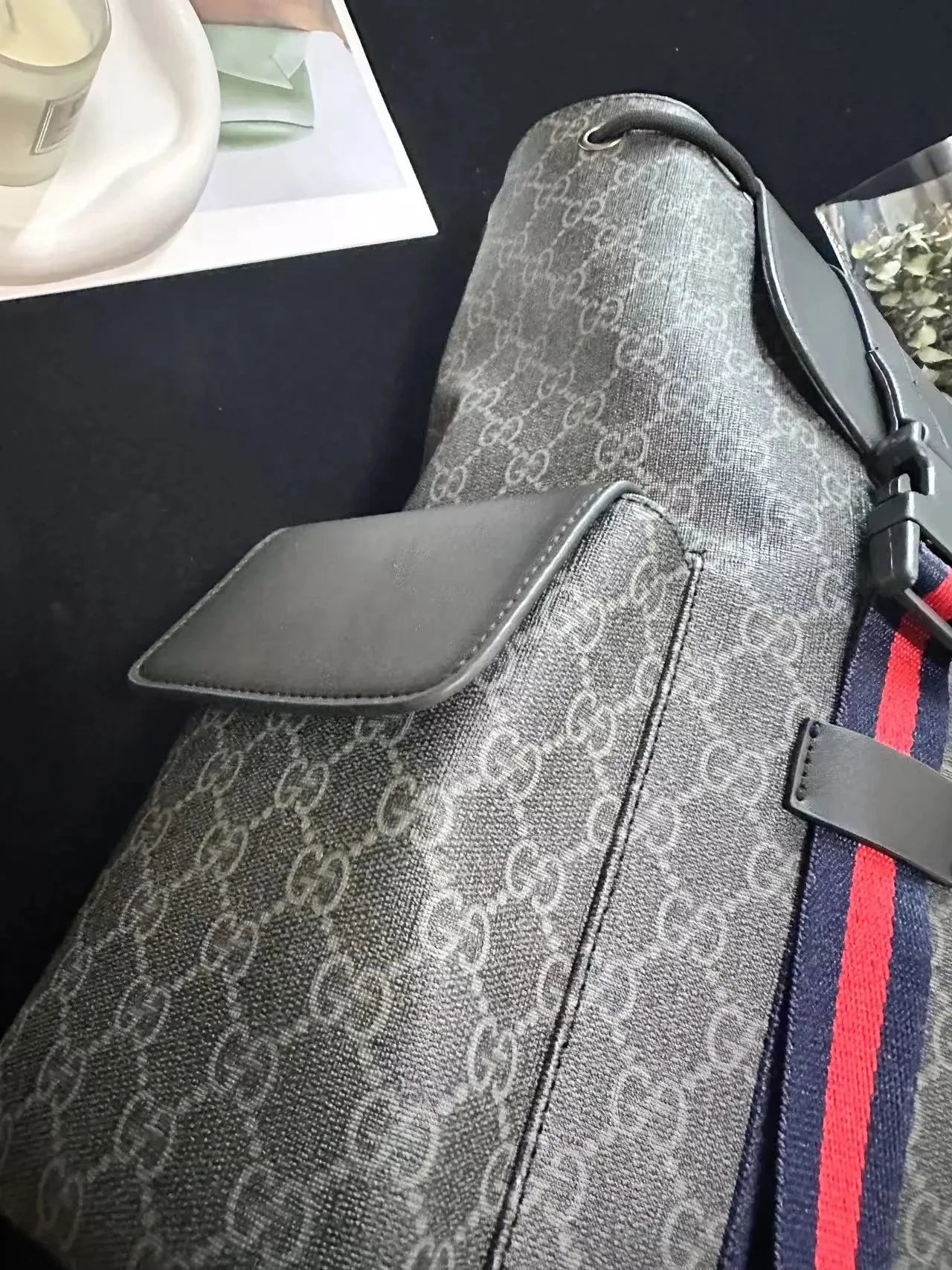 Gucci GG Marmont Backpack Gray Monogram with Red Web Straps - 6