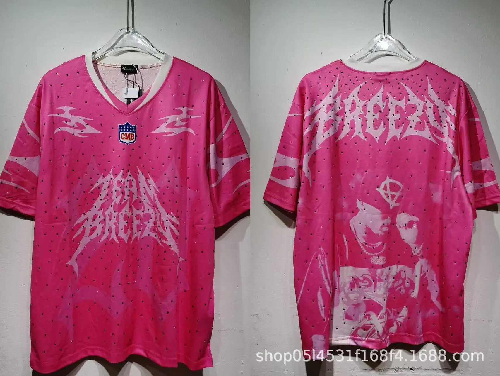 Palace Football Jerseys V-neck mesh jersey with graphic prints and number appliqués — CT 021 Pink