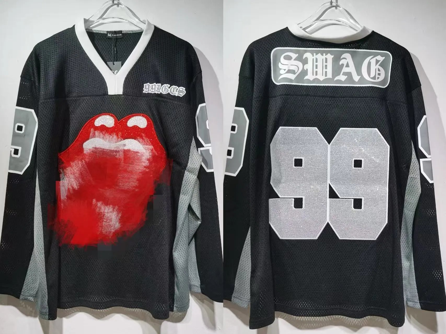 Palace Football Jerseys V-neck mesh jersey with graphic prints and number appliqués — CT 011 Black long-sleeve
