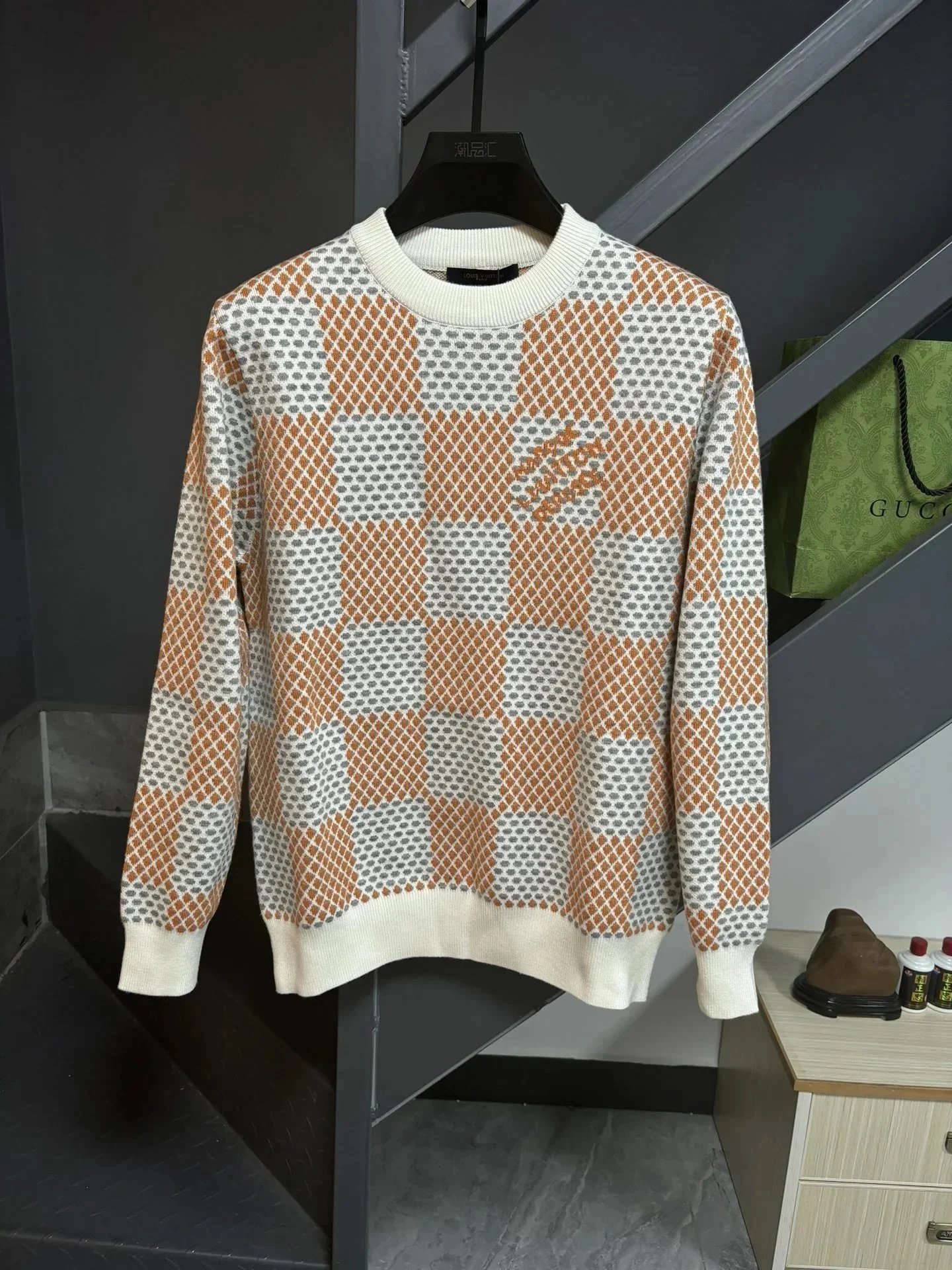 Louis Vuitton Knitwear Crew-Neck Logo Knit Sweater — Checkered pattern-orange