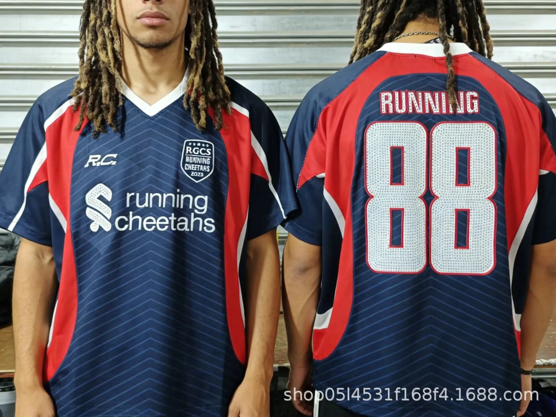 Palace Football Jerseys V-neck mesh jersey with graphic prints and number appliqués — CT 019 Blue