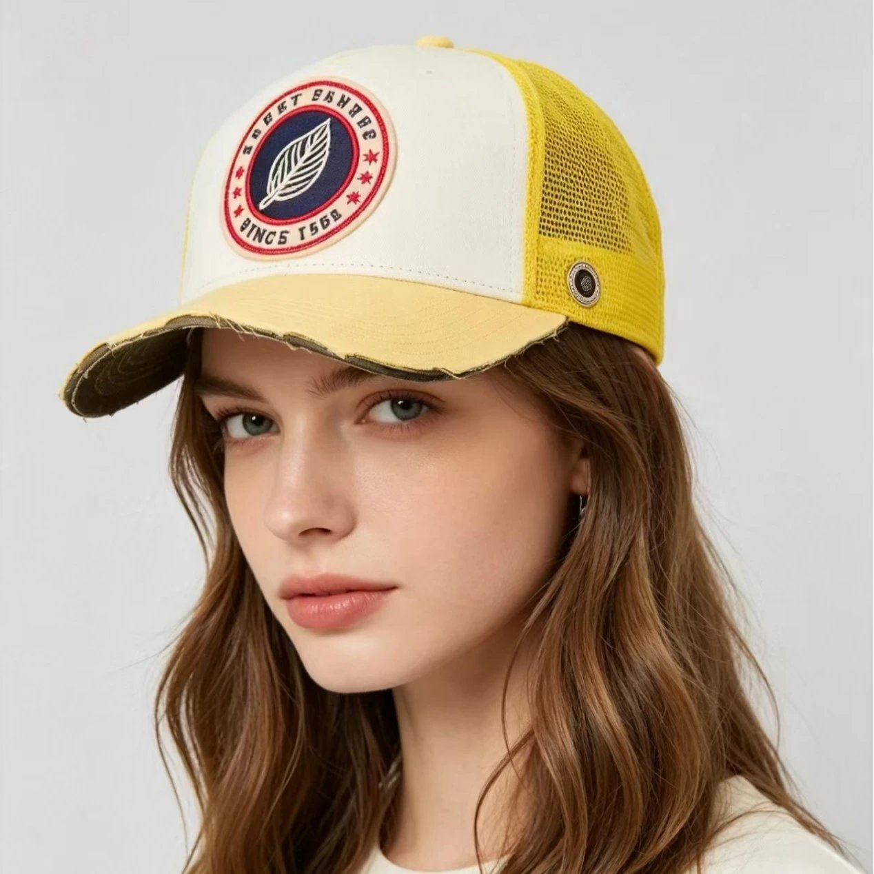 Sweet Pants Hats Mesh Trucker Cap with Embroidered Patch and Distressed Brim image 2
