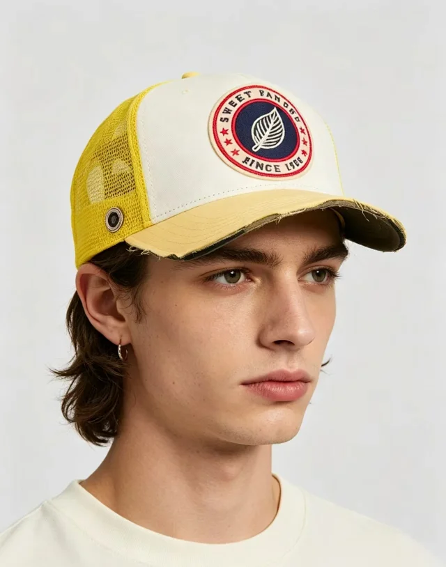 Sweet Pants Hats Mesh Trucker Cap with Embroidered Patch and Distressed Brim product detail image 2
