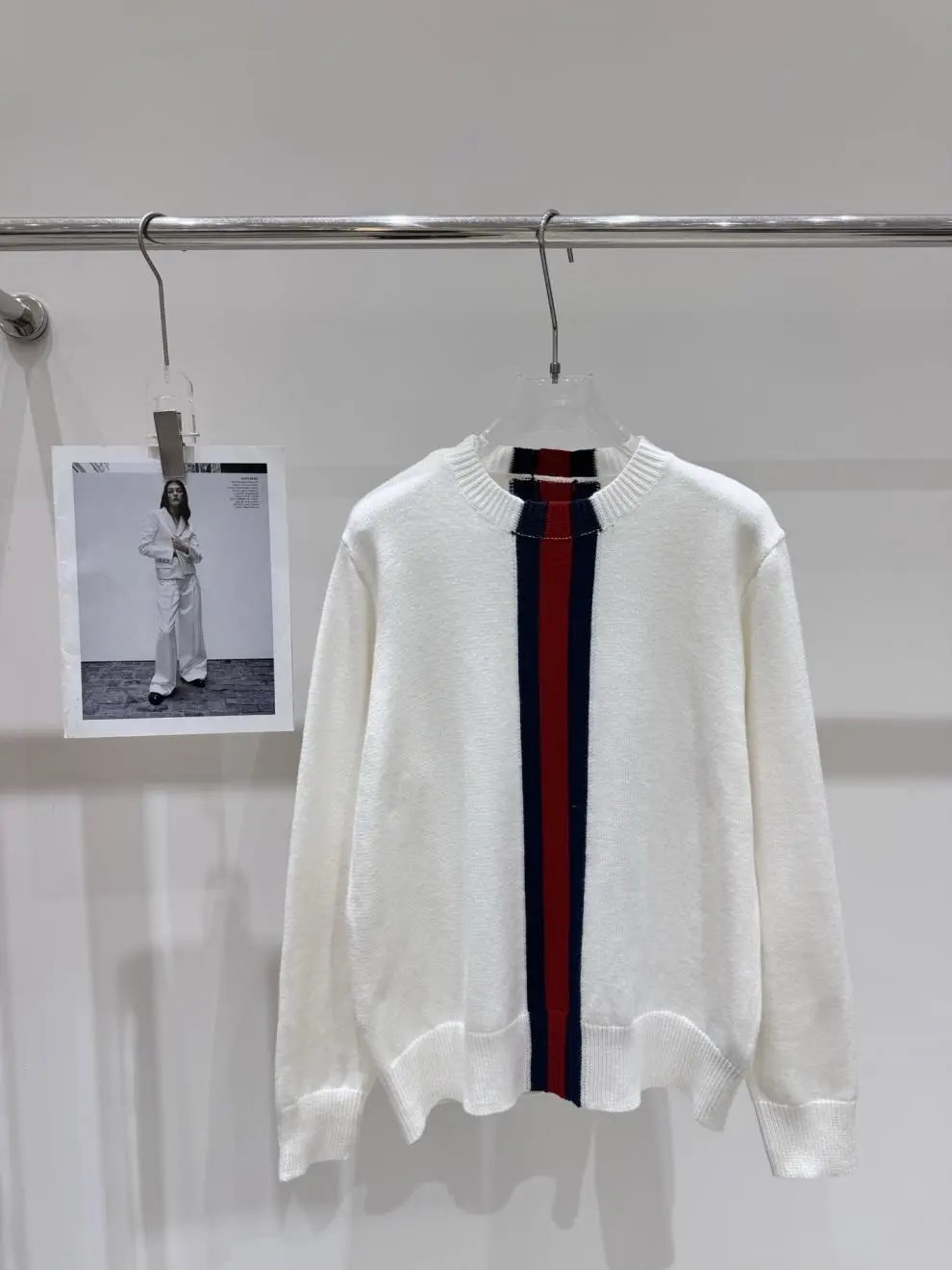 Unbranded Knitwear Crew Neck Knit Sweater with Contrast Center Stripe — white