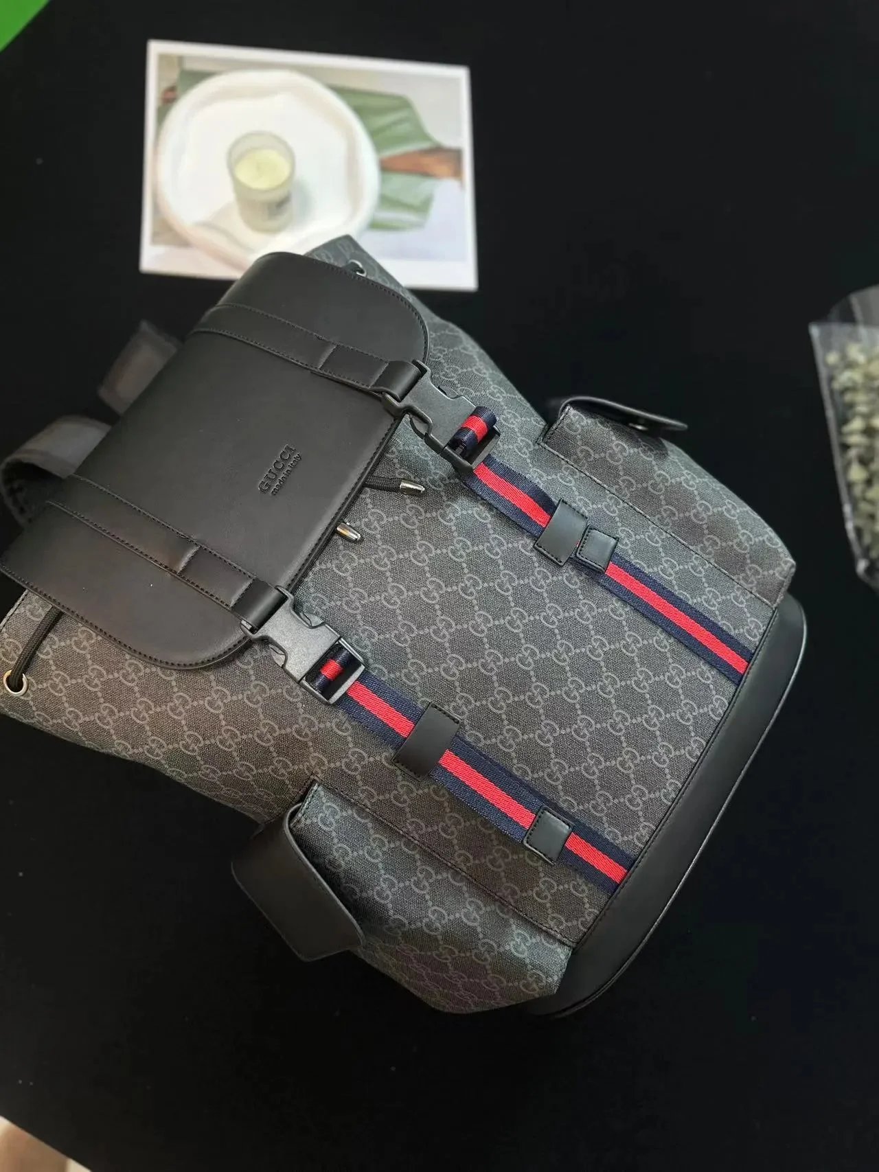 Gucci GG Marmont Backpack Gray Monogram with Red Web Straps - 4