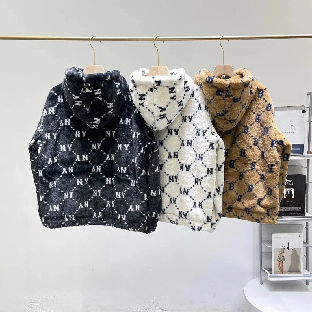 MLB Monogram Faux Fur Hooded Jacket Beige Outerwear - 7