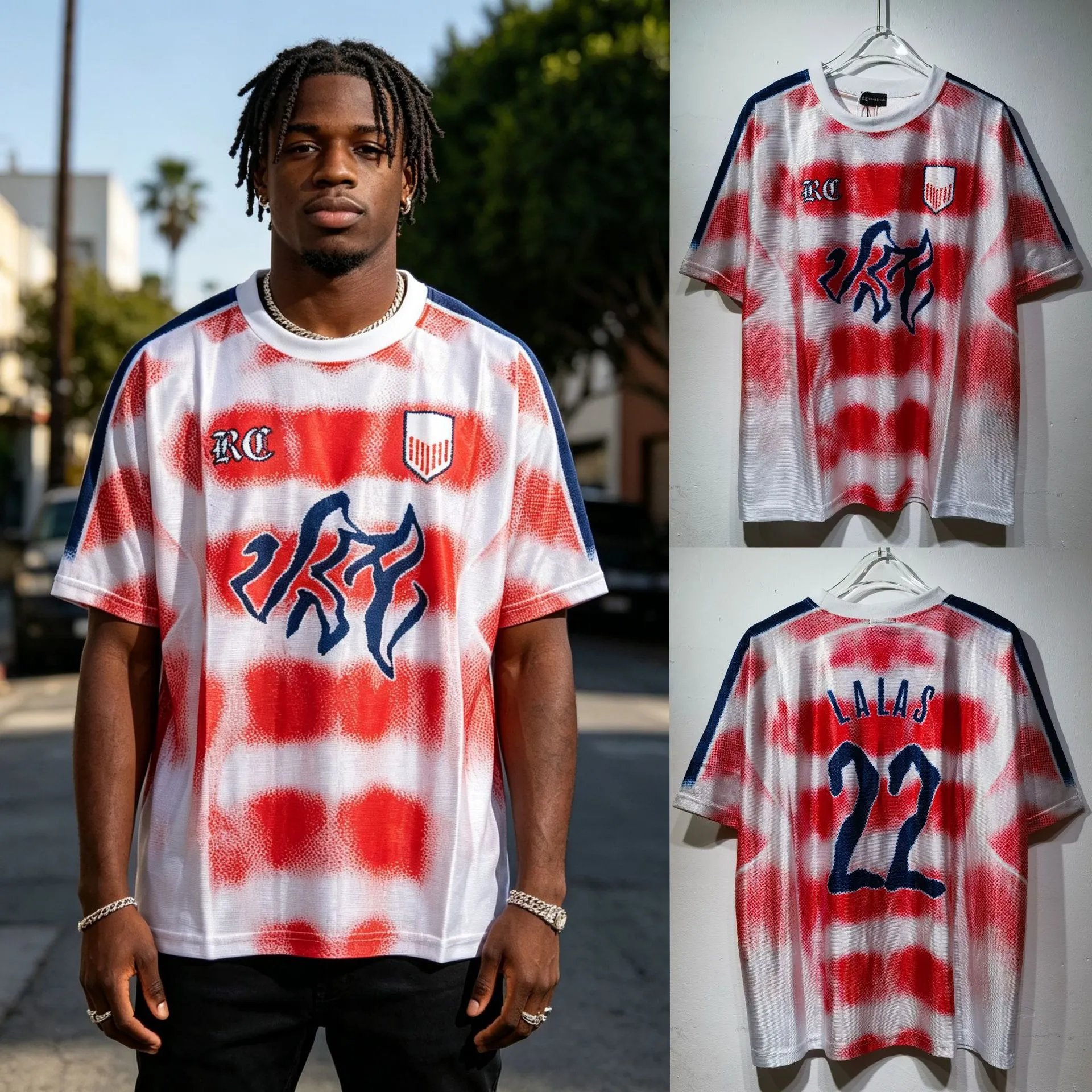 Palace Football Jerseys V-neck mesh jersey with graphic prints and number appliqués — CT 043 Red