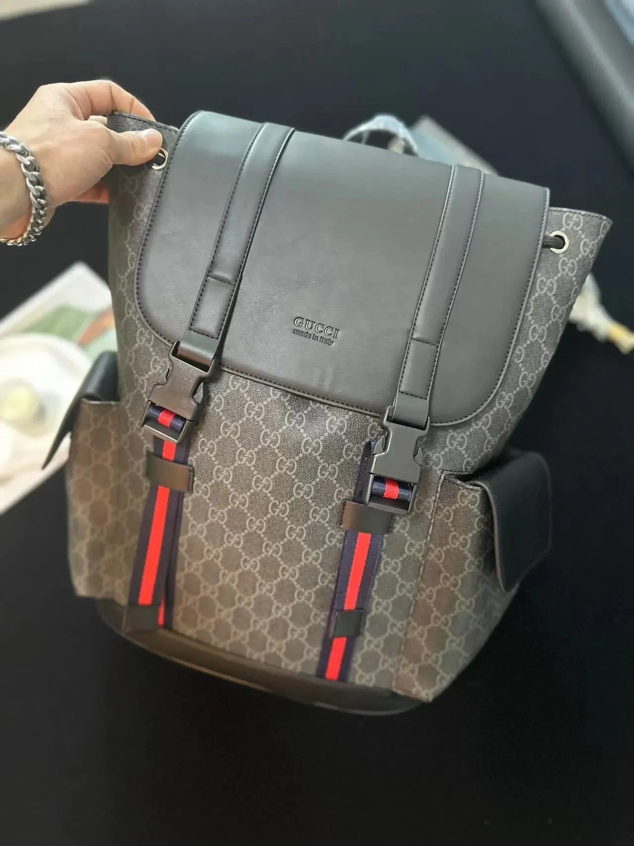 Gucci GG Marmont Backpack Gray Monogram with Red Web Straps - 3
