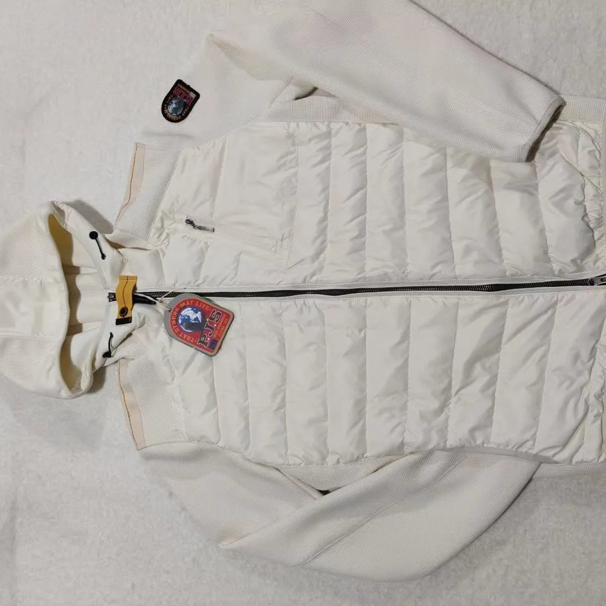 Parajumpers Down Jackets Hooded quilted puffer jacket with yellow neck strap — 2 Off-white patchwork down jacket