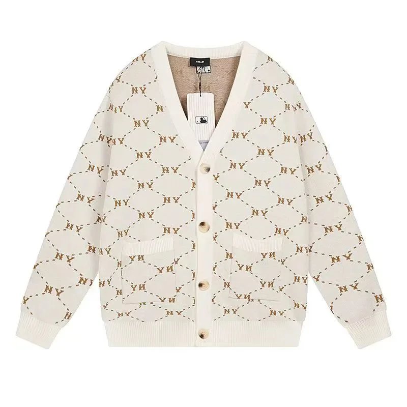 MLB New York Yankees All-Over Logo Cardigan Beige Knit Cardigan - 9