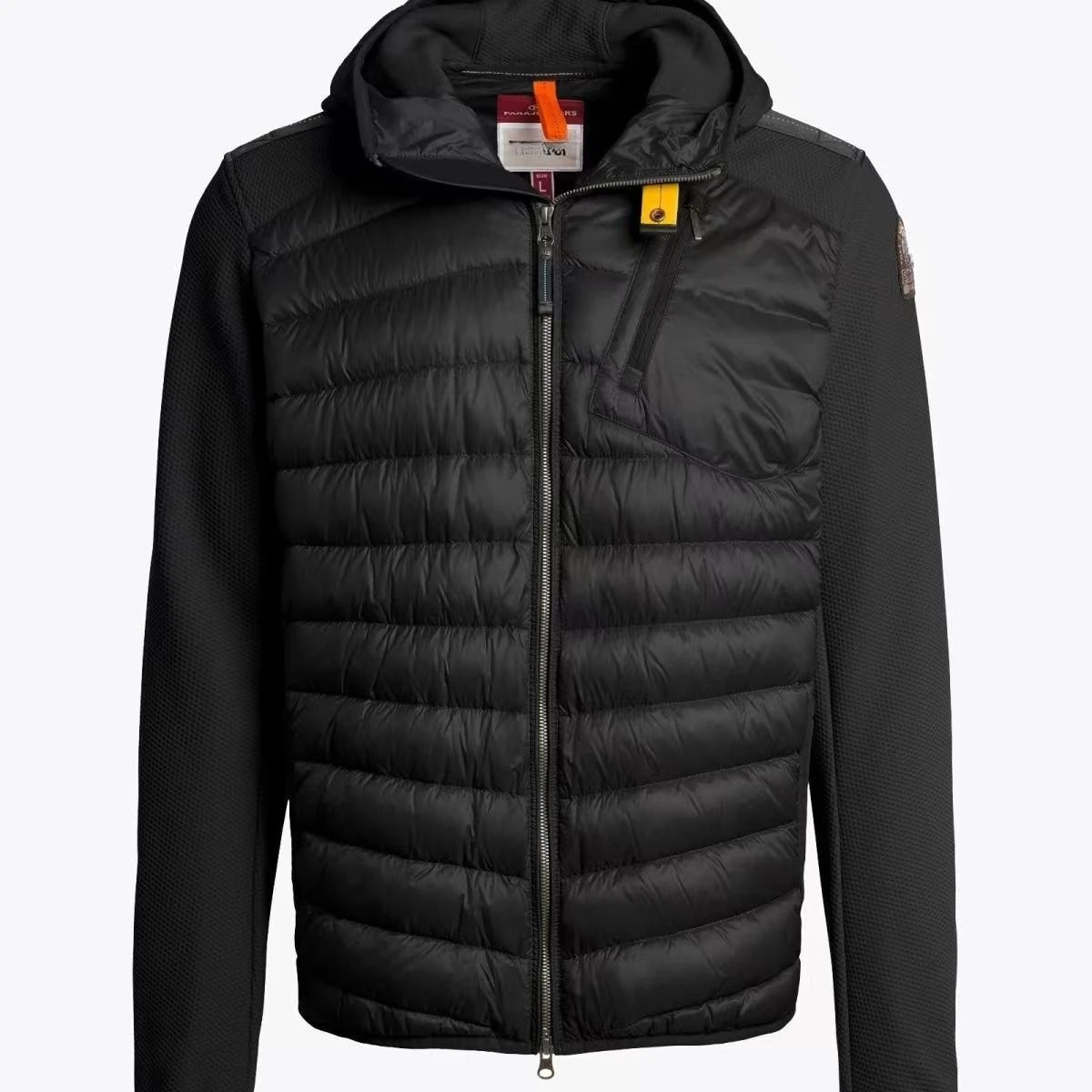 Parajumpers Down Jackets Hooded quilted puffer jacket with yellow neck strap — 2 Black patchwork down jacket