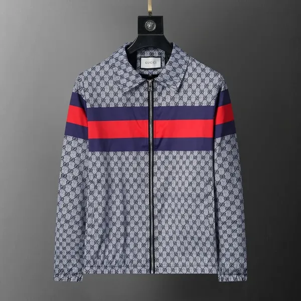 Gucci GG Monogram Windbreaker Jacket with Red and Navy Stripes Outerwear.windbreaker - 1