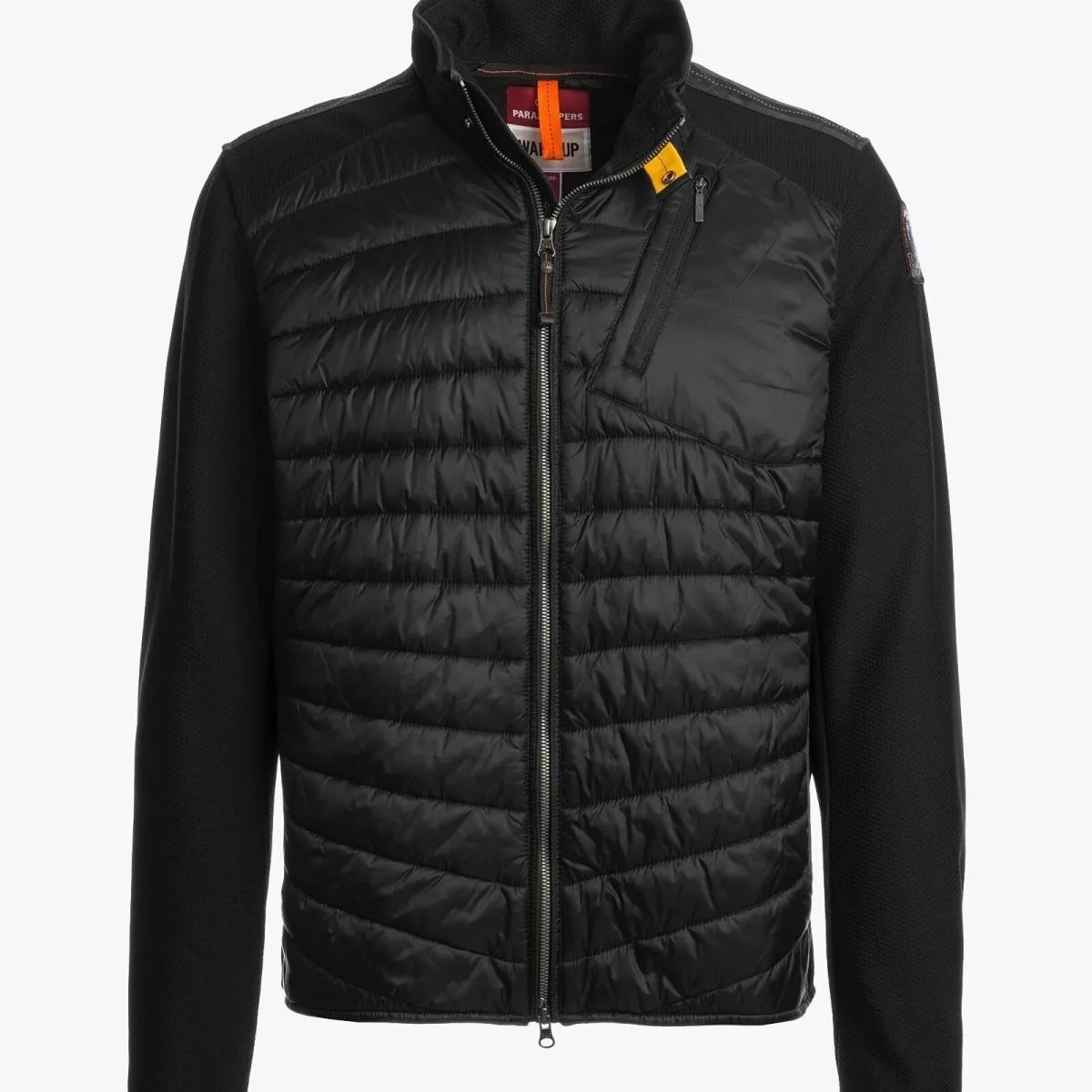 Parajumpers Down Jackets Hooded quilted puffer jacket with yellow neck strap — 6 Black Stand-Neck Patchwork Down Jacket [New Arrival]