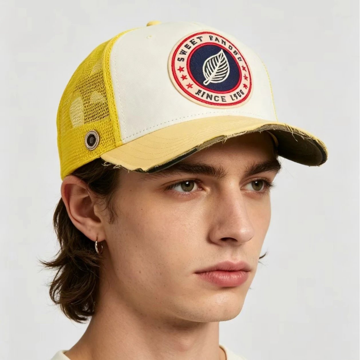 Sweet Pants Hats Mesh Trucker Cap with Embroidered Patch and Distressed Brim image 3