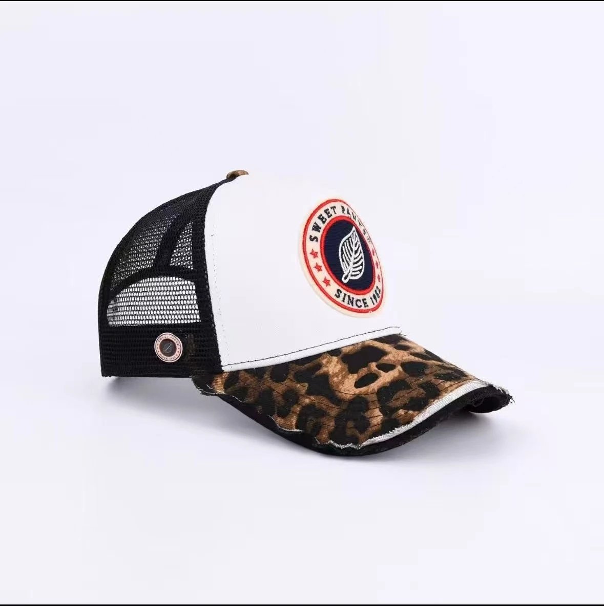 Sweet Pants Hats Mesh Trucker Cap with Embroidered Patch and Distressed Brim — Black (black under leopard print on brim)