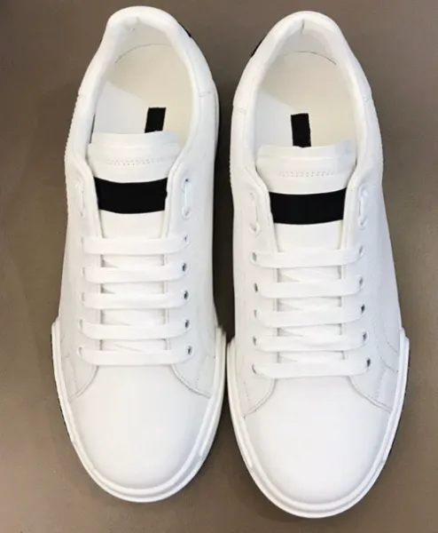 Design White Leather Sneakers with Black Tongue Stripe - 1