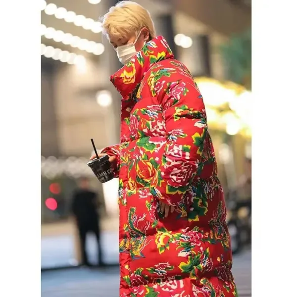 Design Floral Dragon Print Puffer Jacket Green Down Jacket - 8