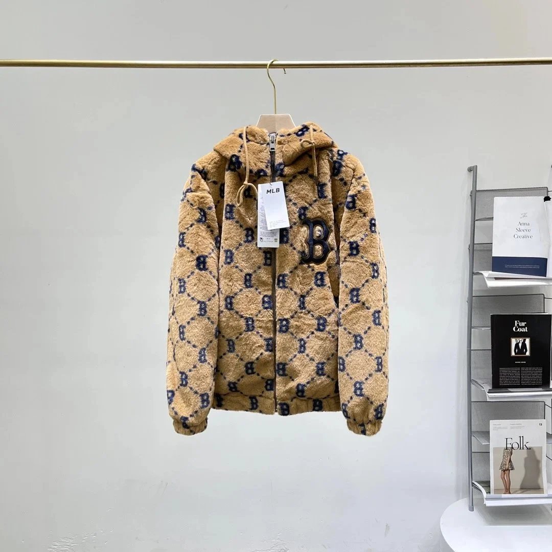 MLB Monogram Faux Fur Hooded Jacket Beige Outerwear - 5