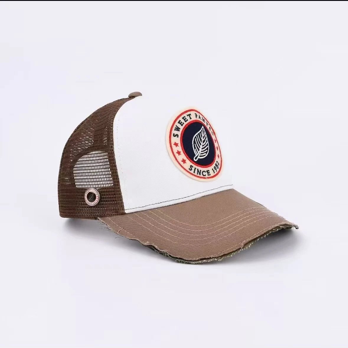 Sweet Pants Hats Mesh Trucker Cap with Embroidered Patch and Distressed Brim — Brown