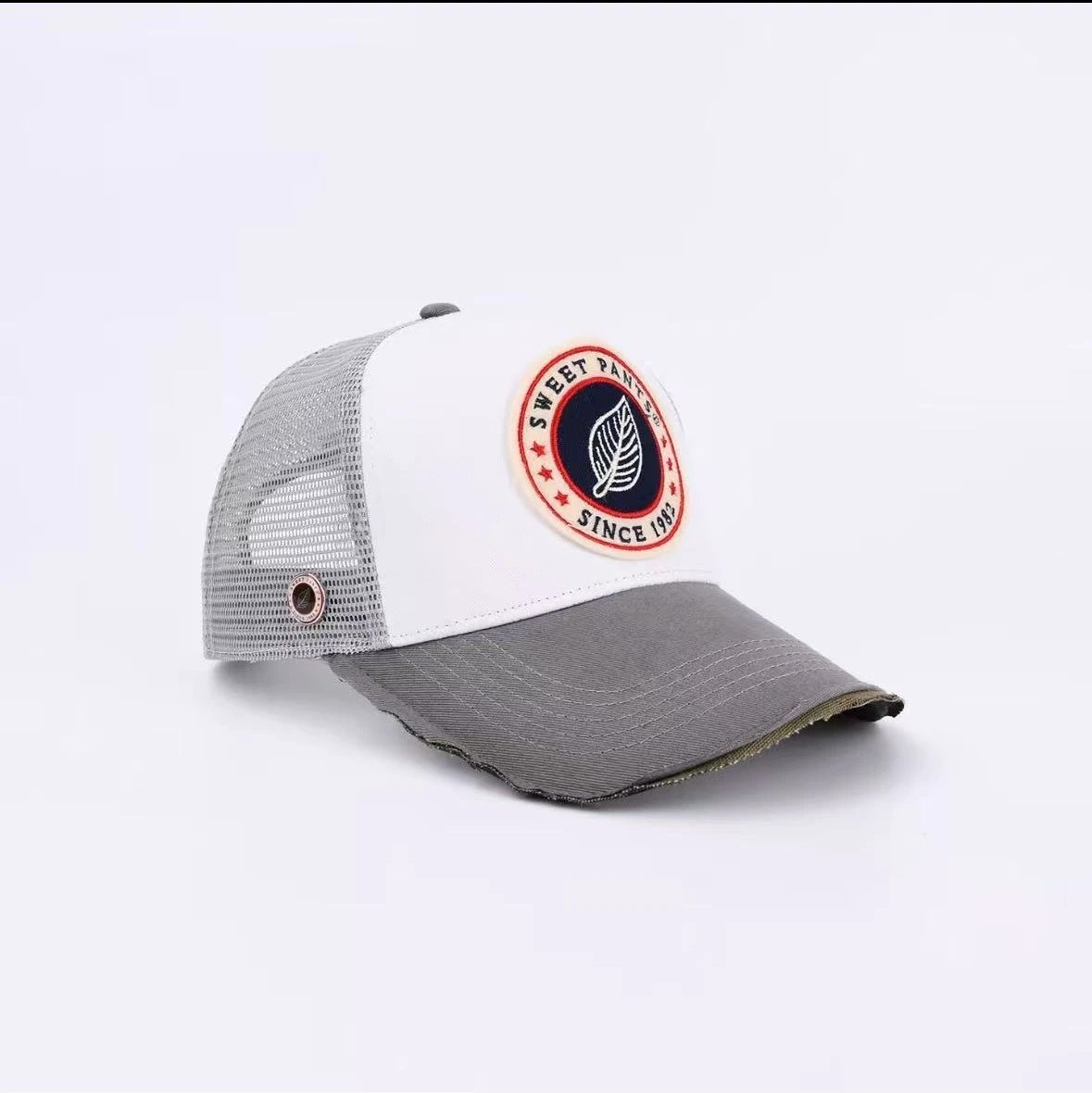 Sweet Pants Hats Mesh Trucker Cap with Embroidered Patch and Distressed Brim — gray