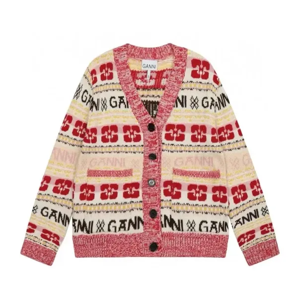 Ganni Logo Intarsia Knit Cardigan Multicolor - 1