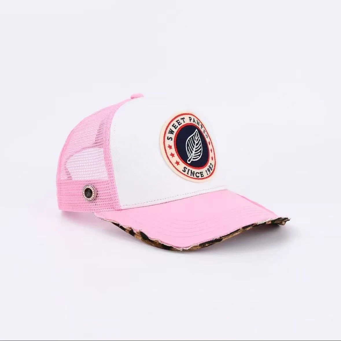 Sweet Pants Hats Mesh Trucker Cap with Embroidered Patch and Distressed Brim — Pink (panther print on brim)