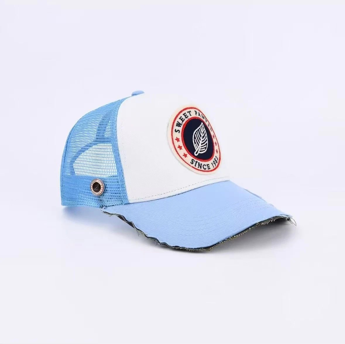 Sweet Pants Hats Mesh Trucker Cap with Embroidered Patch and Distressed Brim — Sky blue