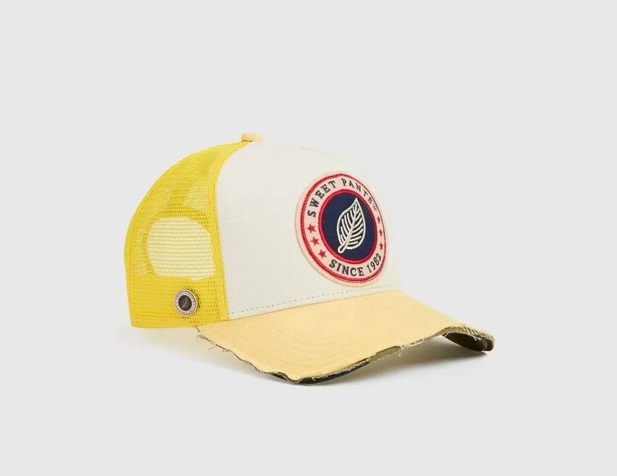 Sweet Pants Hats Mesh Trucker Cap with Embroidered Patch and Distressed Brim — Yellow