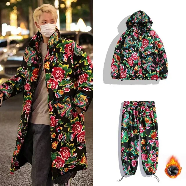 Unbranded Coats Hooded floral-print padded long coat product detail image 1