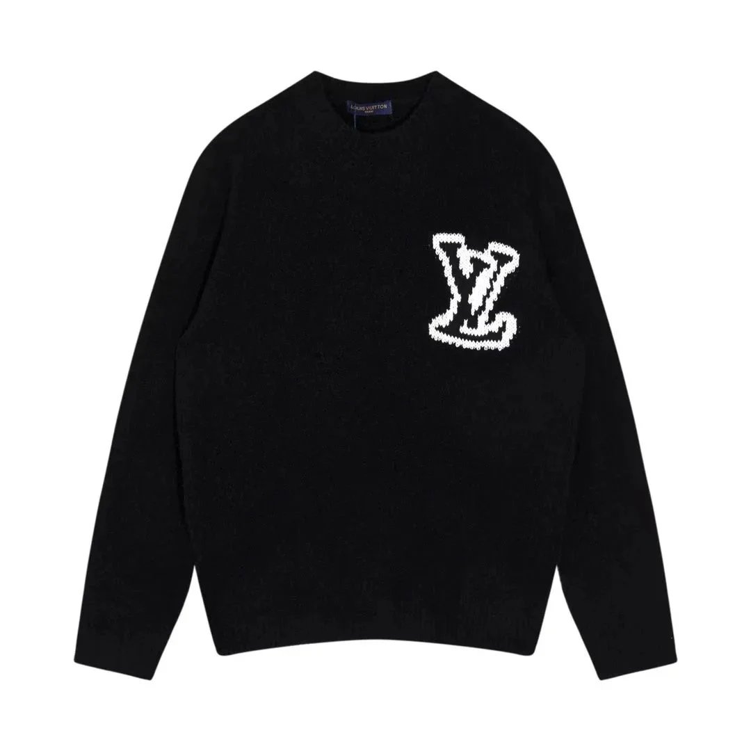 Louis Vuitton Knitwear Crew-Neck Logo Knit Sweater — Jacquard Pullover Sweater-Black