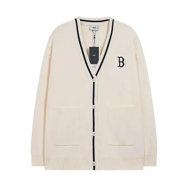 MLB V-Neck Cardigan Beige with Black Trim and Embroidered B Logo Outerwear.cardigan - 1