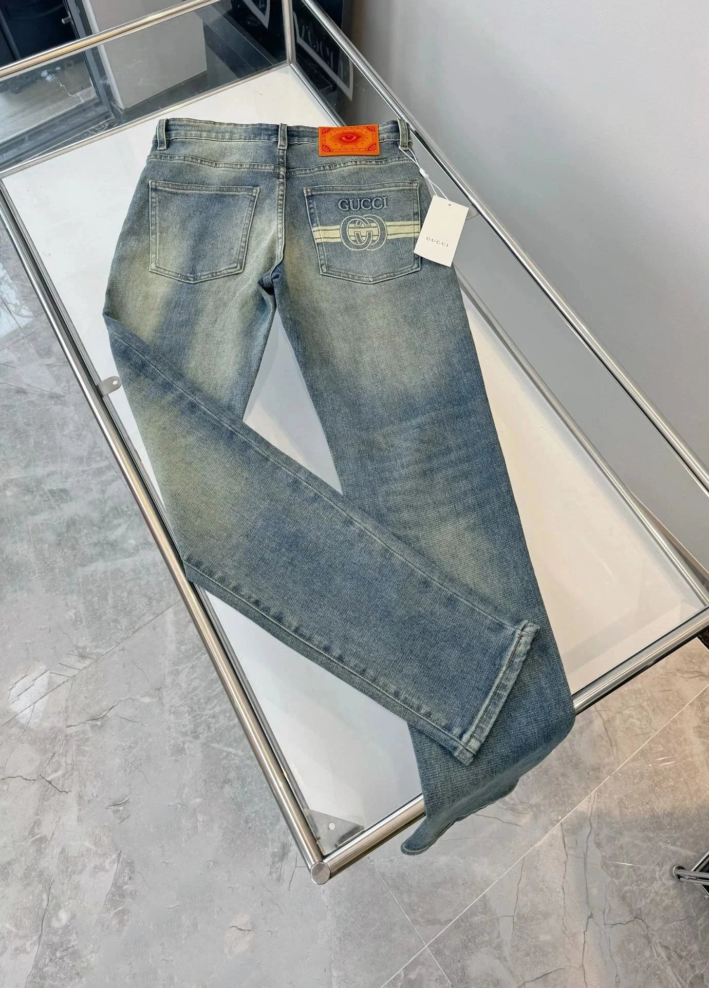 Gucci GG Logo Embroidered Denim Jeans Blue - 3