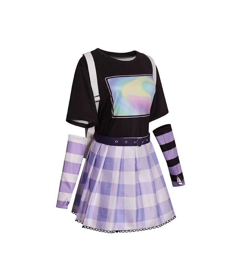 Design World Plan (Sai ) Cosplay Set Black Purple Plaid T-Shirt Skirt Ensemble - 7