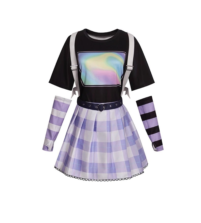 Design World Plan (Sai ) Cosplay Set Black Purple Plaid T-Shirt Skirt Ensemble - 4