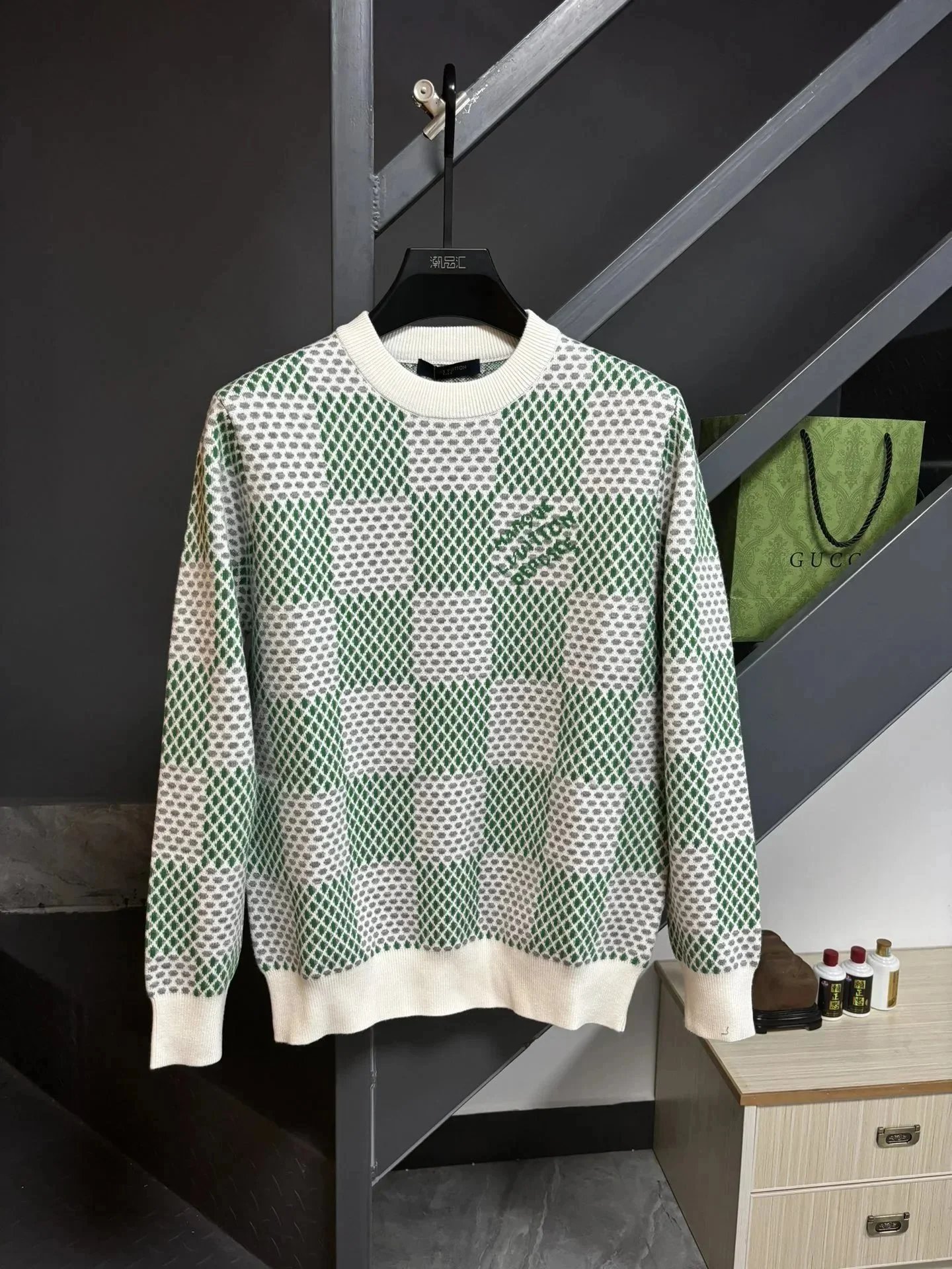 Louis Vuitton Knitwear Crew-Neck Logo Knit Sweater — Checkered pattern-green