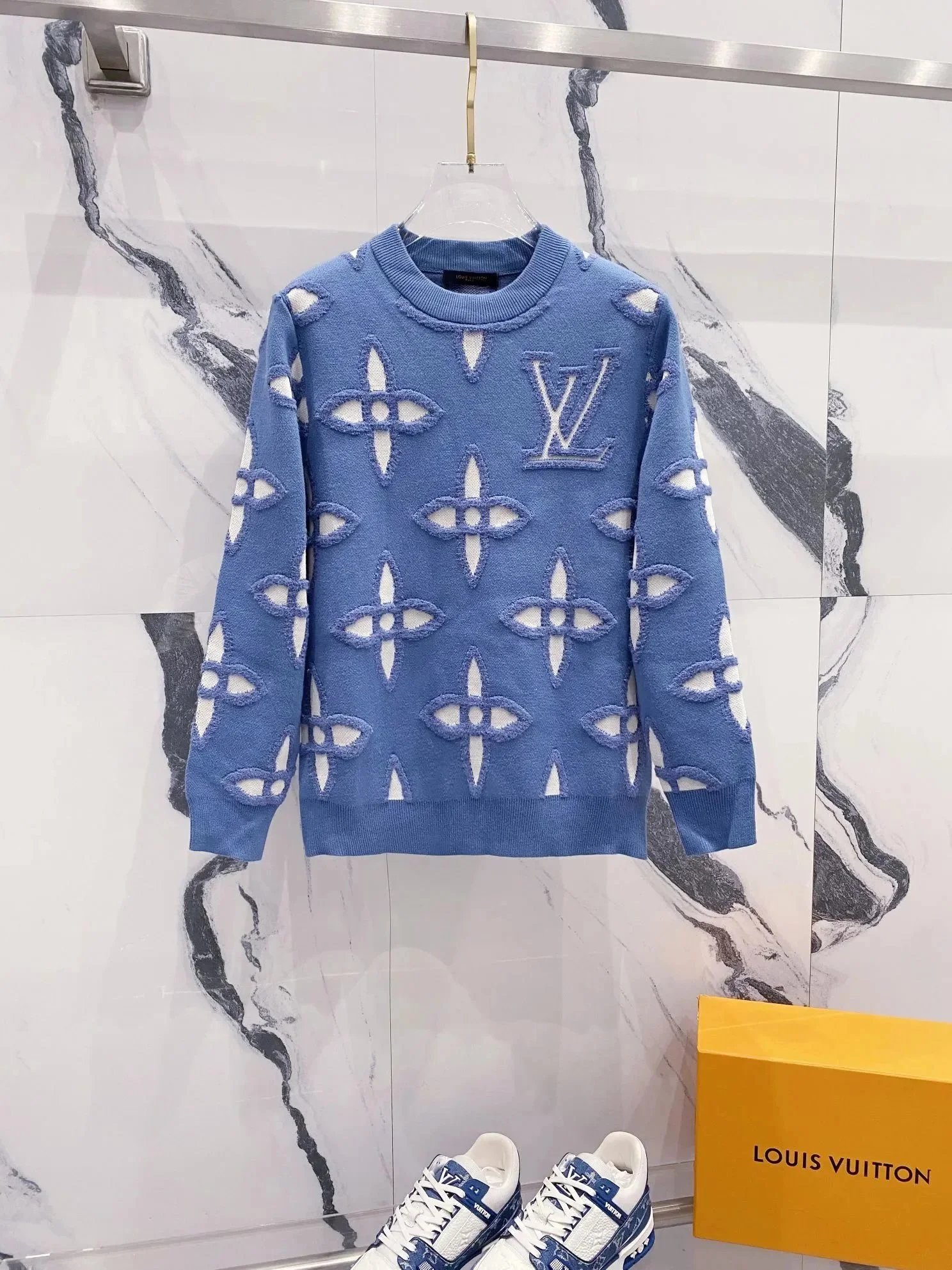 Louis Vuitton Knitwear Crew-Neck Logo Knit Sweater — Jacquard Sweater-Blue