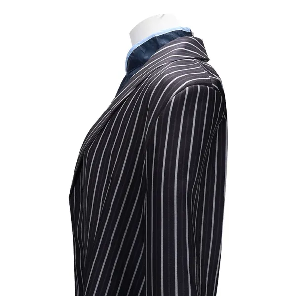 Design Pinstripe Long Coat with Embroidered Cheongsam Underlayer Navy Outerwear.coat - 9