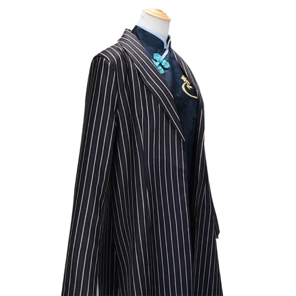 Design Pinstripe Long Coat with Embroidered Cheongsam Underlayer Navy Outerwear.coat - 17