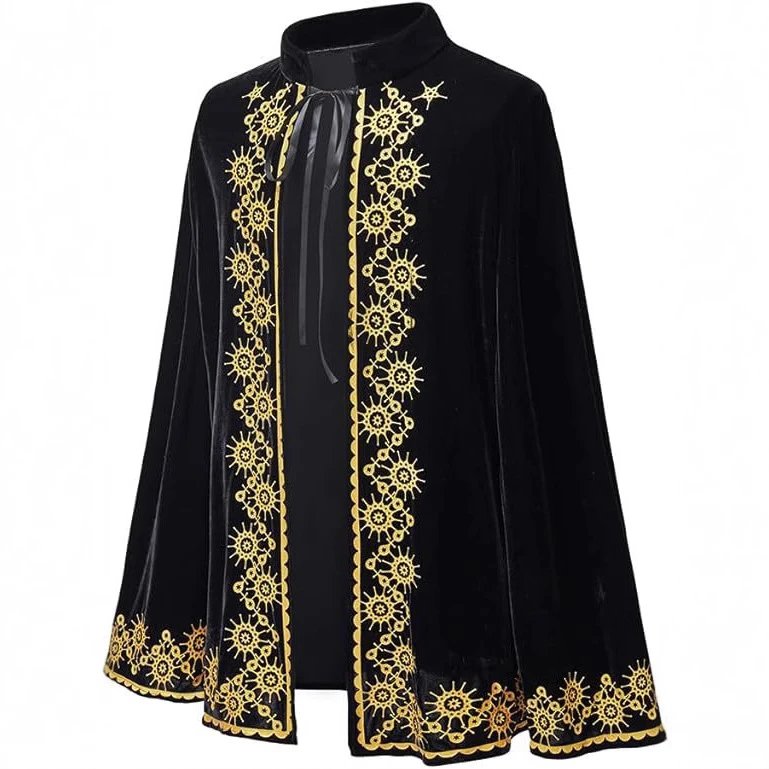 Design Embroidered Velvet Cape Black with Gold Floral Trim Outerwear - 2