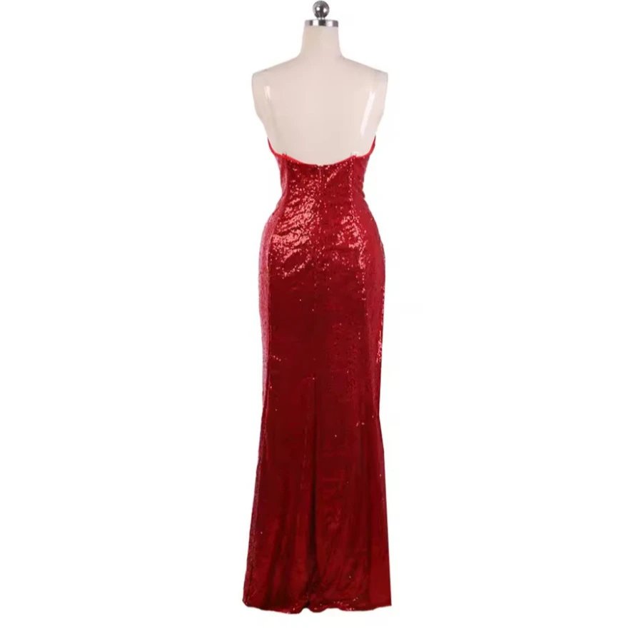 Design Sequined Red Strapless Evening Gown with Purple Gloves Dress - 5