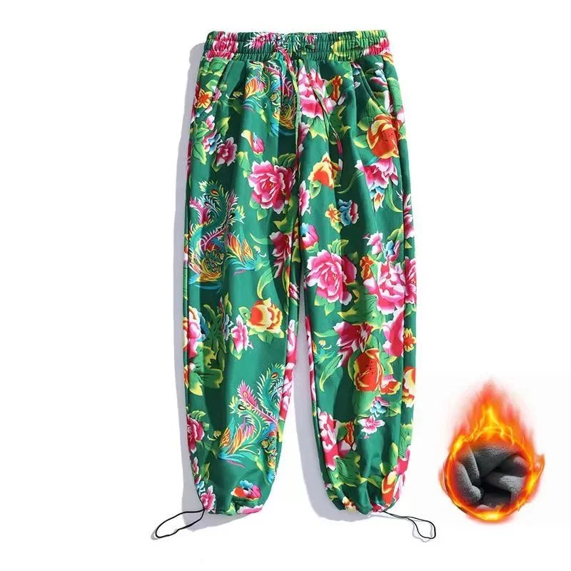 Design Floral Print Elastic Waist Warm Lined Pants Green