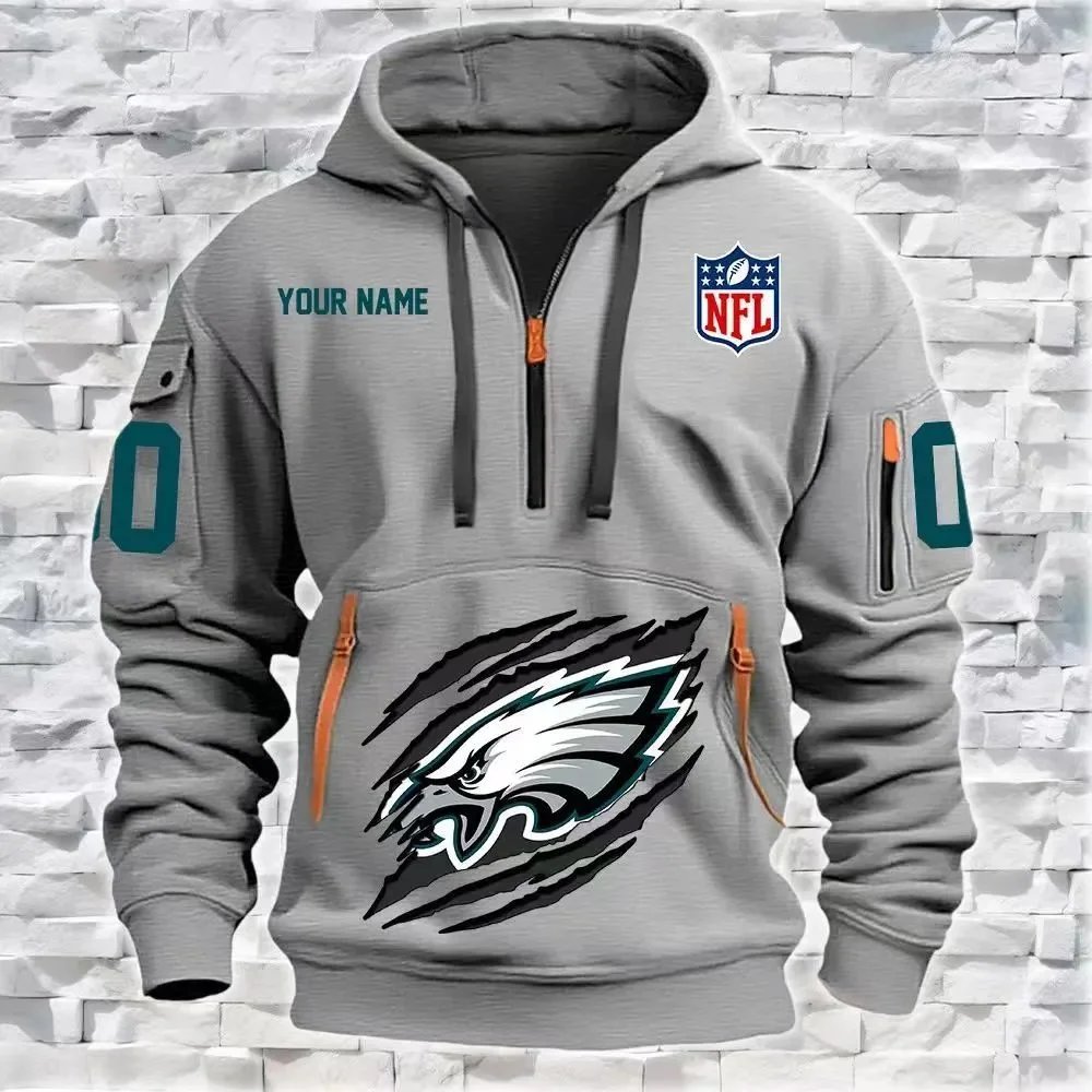 Philadelphia Eagles NFL Custom Name Half-Zip Hoodie Black - 4