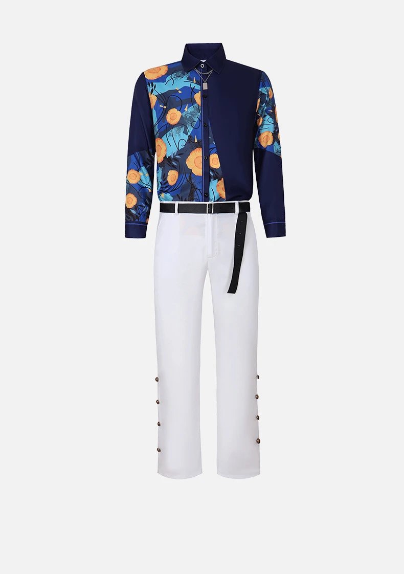 Design Floral Embroidered Kimono-Style Jacket and Wide-Leg Trousers Set Blue White Multicolor - 14