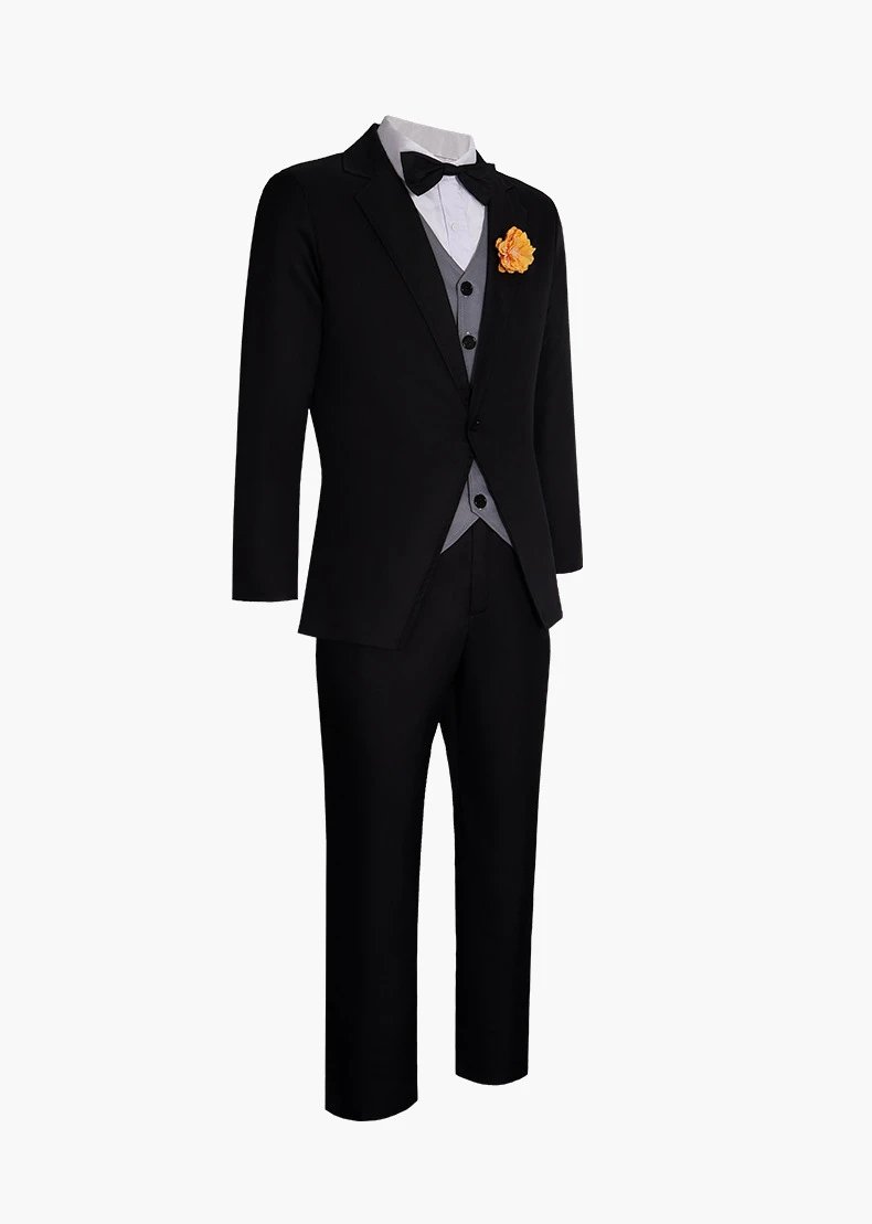 Design Formal Suit Set Black with Gray Vest and Orange Chest Ornament - 7
